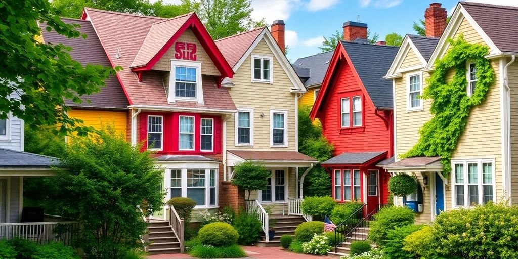 Maisons charmantes à Granby, couleurs vives et verdure.