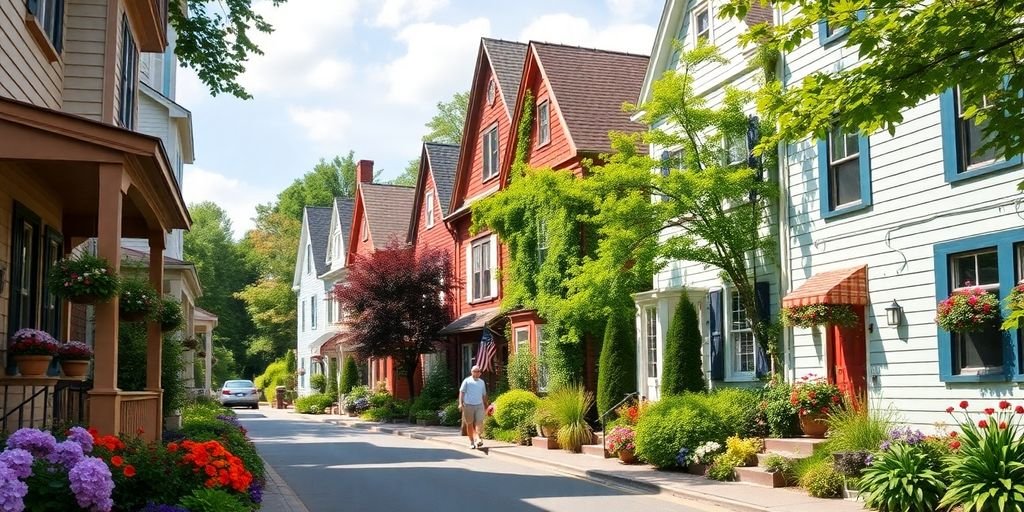 Maisons charmantes à Granby avec verdure et fleurs.